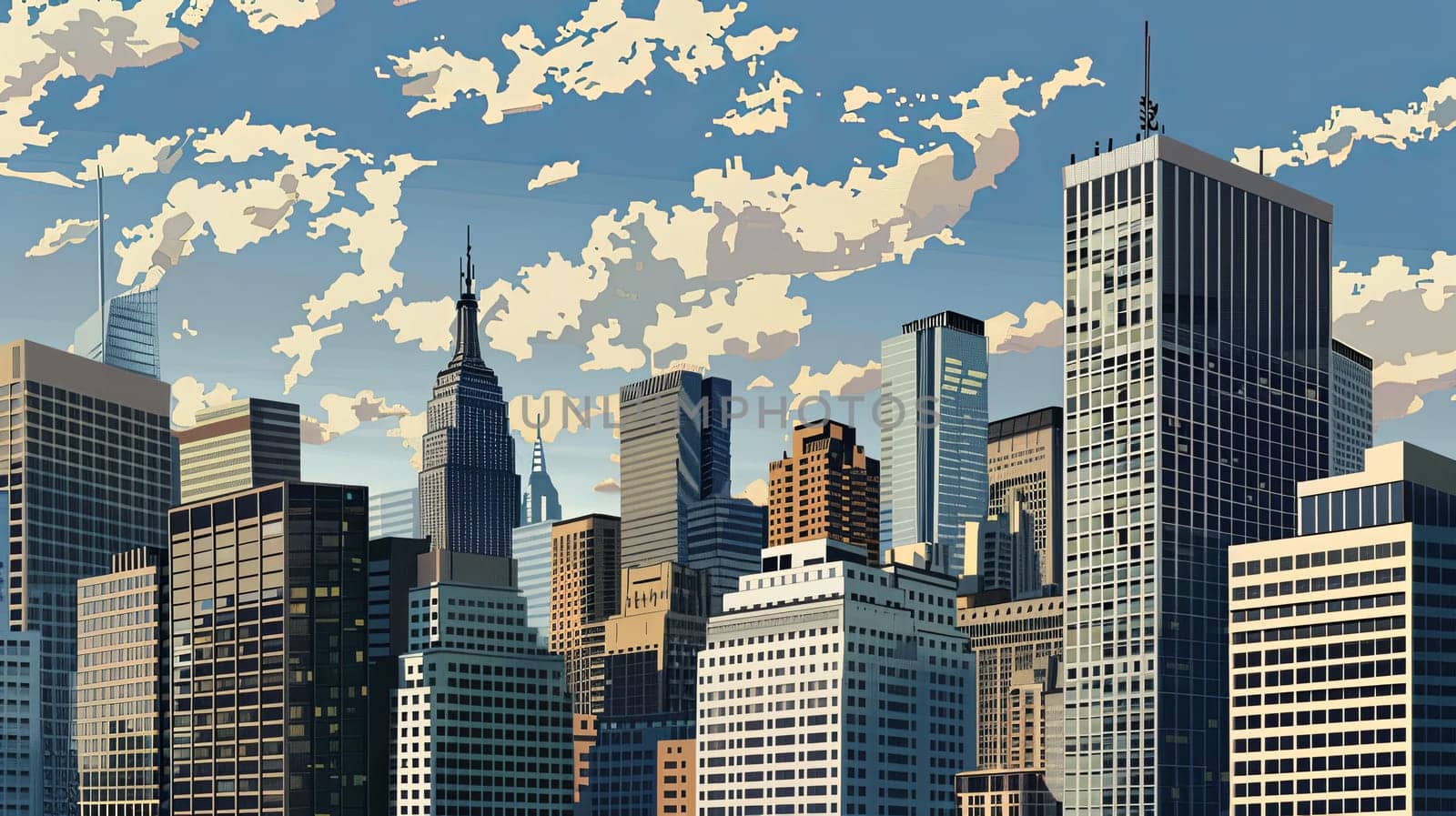 A detailed painting of a cityscape featuring tall skyscrapers under a cloudy sky.