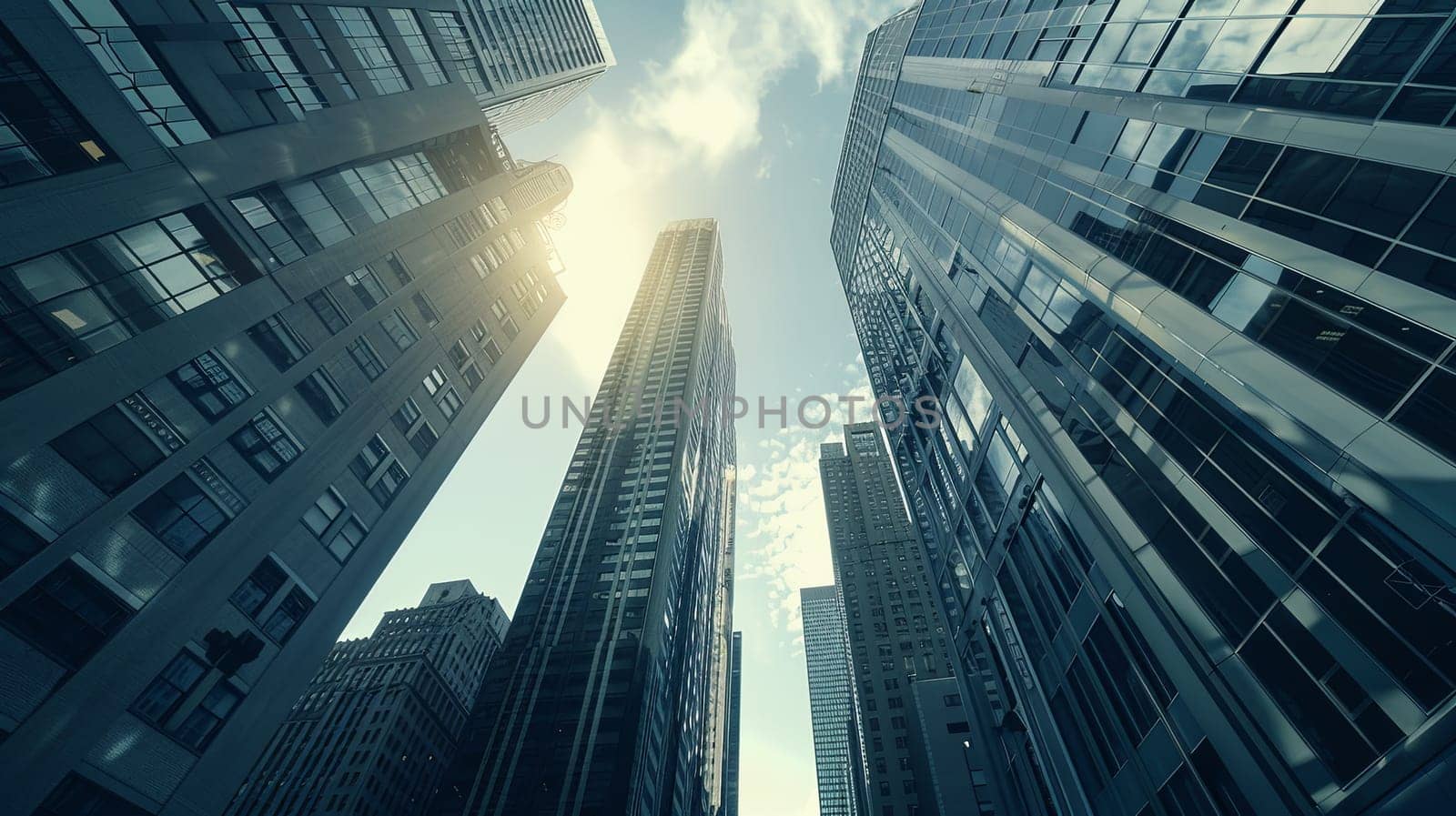 View from below of skyscrapers in an urban financial center, capturing the towering structures against the sky.