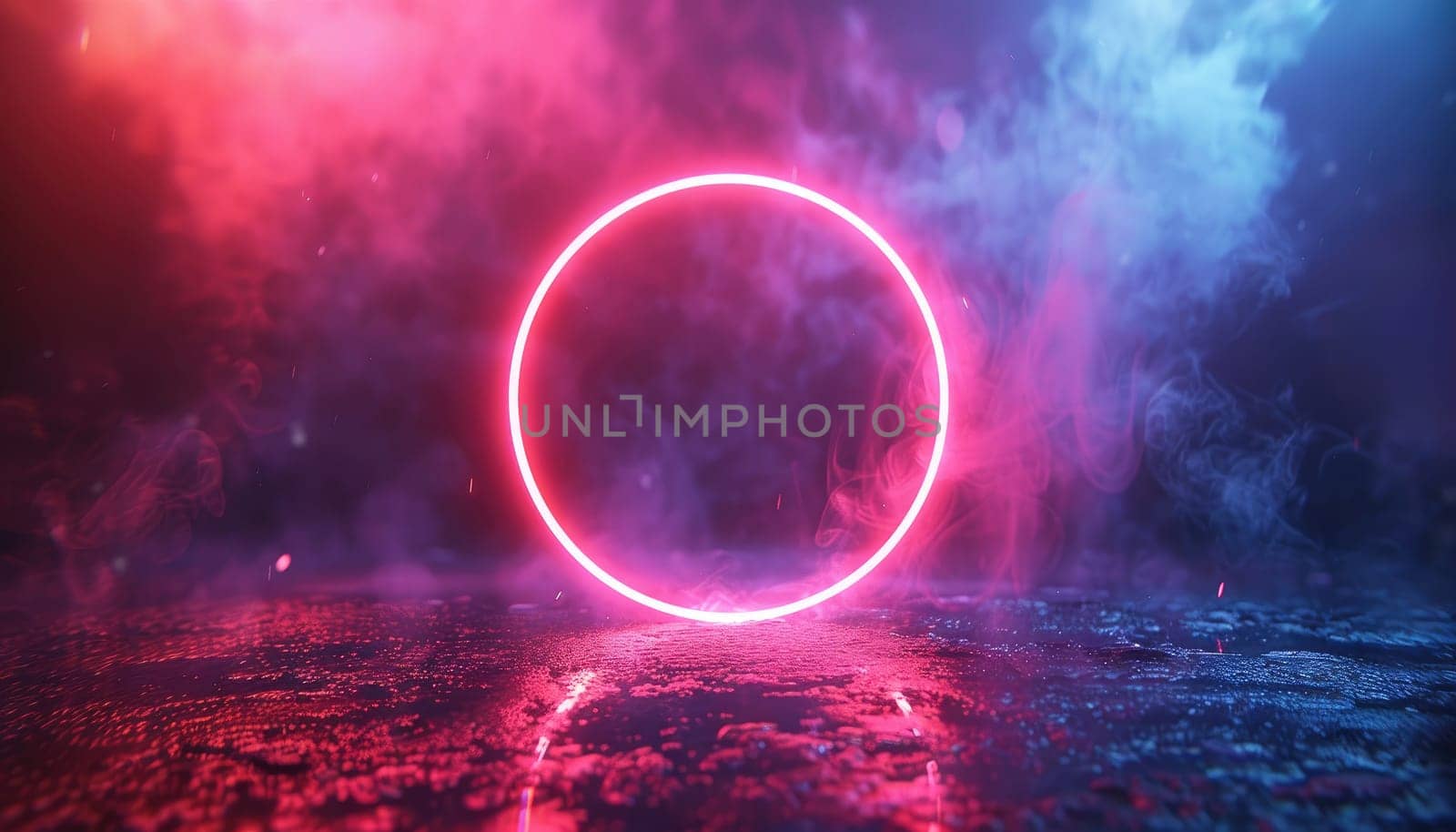 A red and blue lighted circle is in the middle of a foggy, misty by AI generated image.