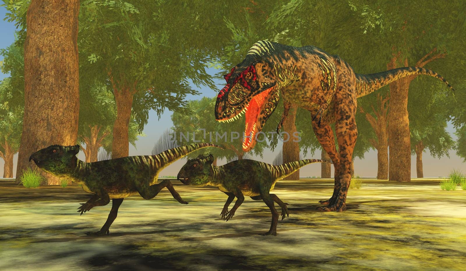 Theropod Albertosaurus runs after a couple of herbivorous Archaeoceratops during the Cretaceous period of North America.