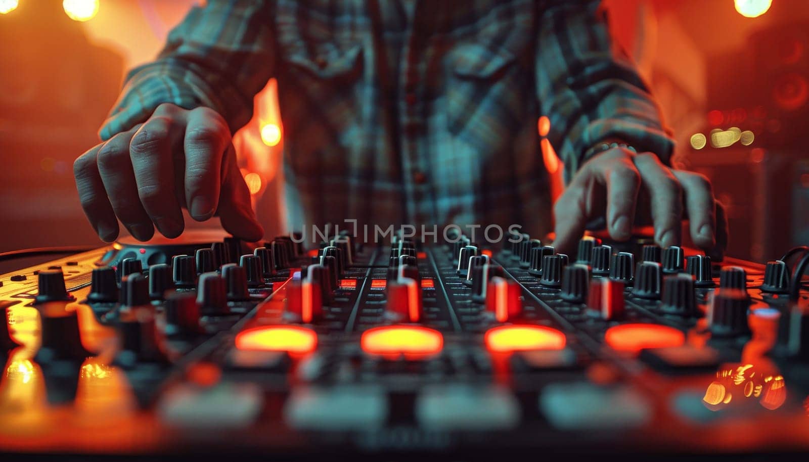 A man is playing a keyboard with red lights by AI generated image.