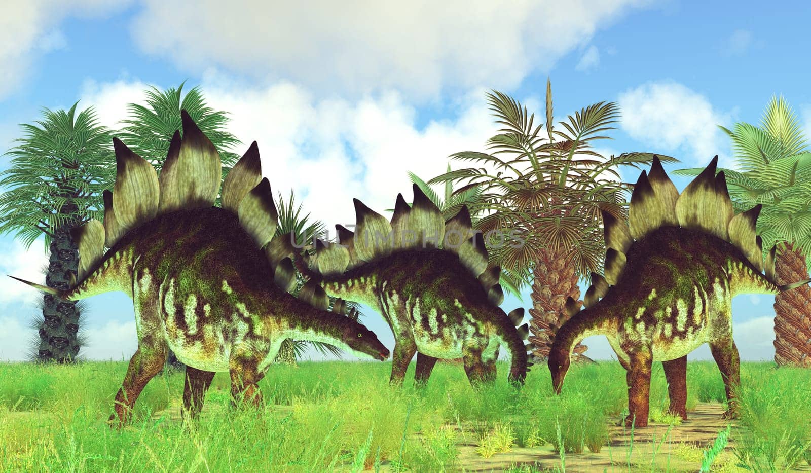 Stegosaurus Herd eating Plants by Catmando