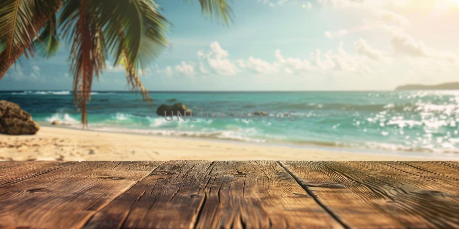 A beach scene with palm trees and a clear blue ocean by AI generated image.