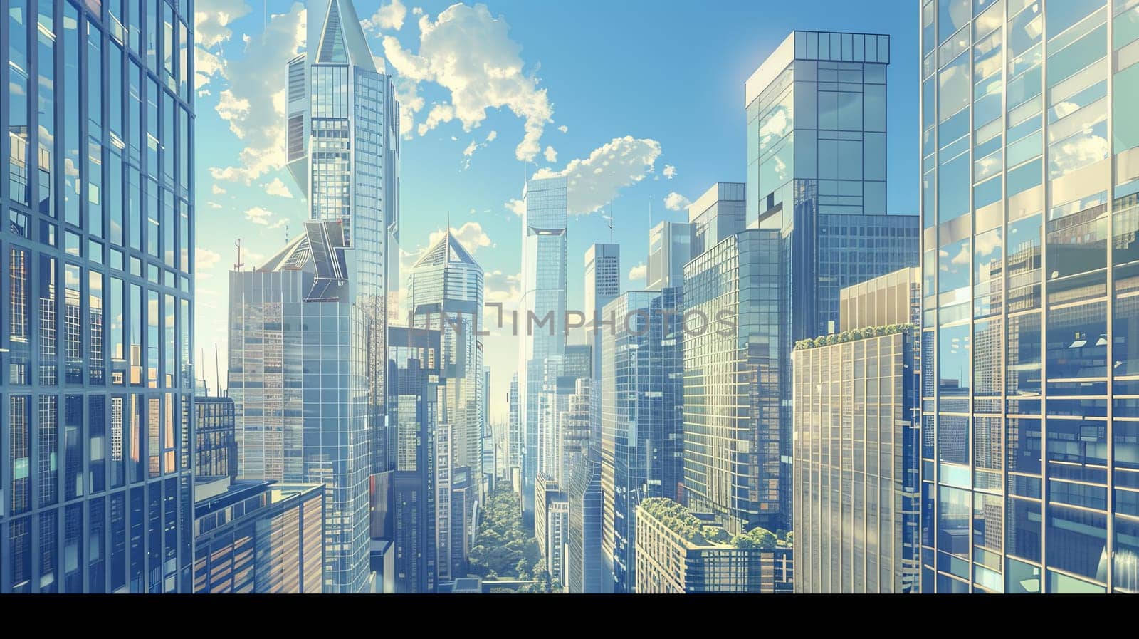 A view of a modern cityscape with towering skyscrapers reaching towards the sky under a backdrop of clouds. Generative AI by AnatoliiFoto