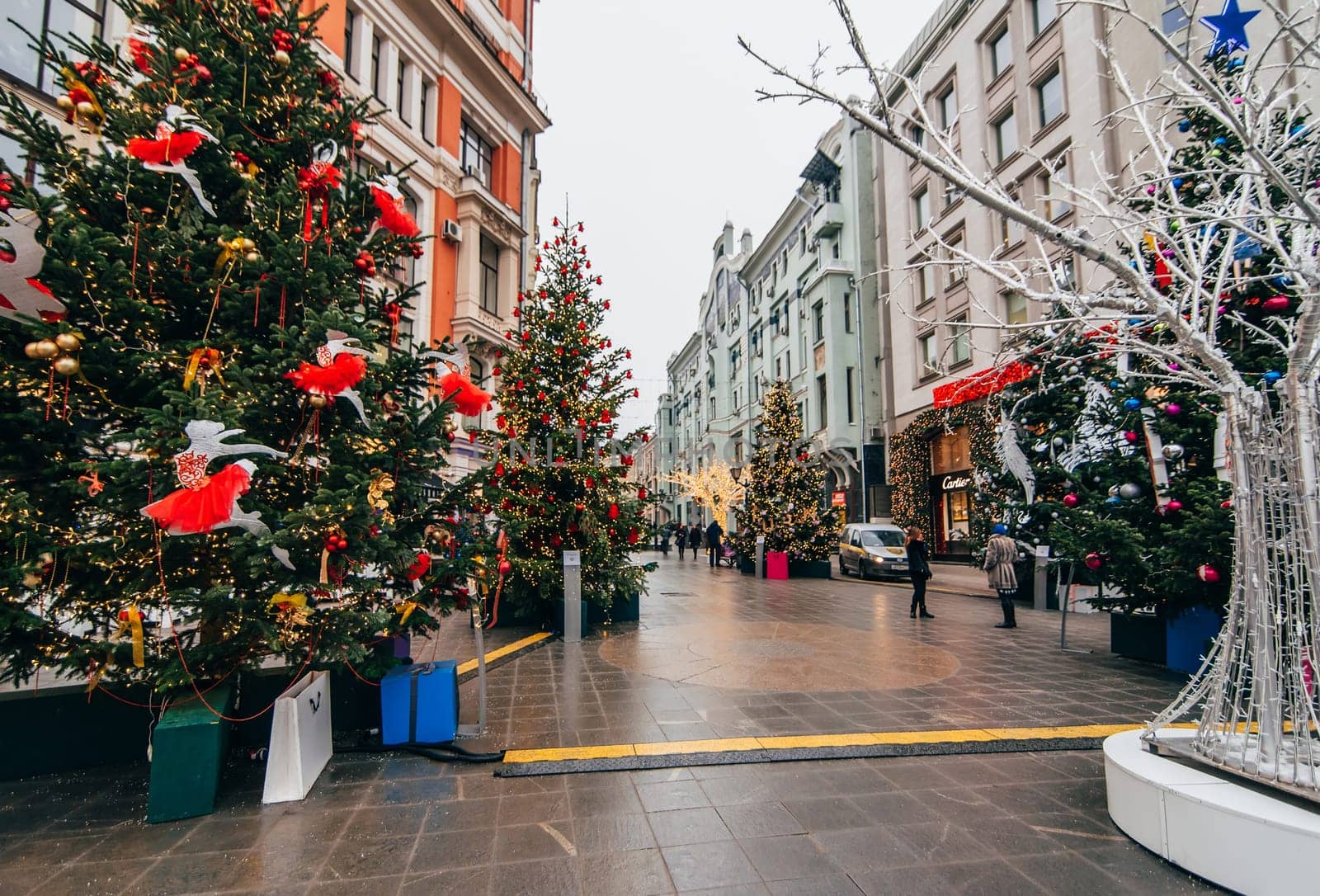MOSCOW, RUSSIA - DECEMBER 23, 2016: New Year in Moscow, Arbat is decorated with Christmas trees and glowing lights