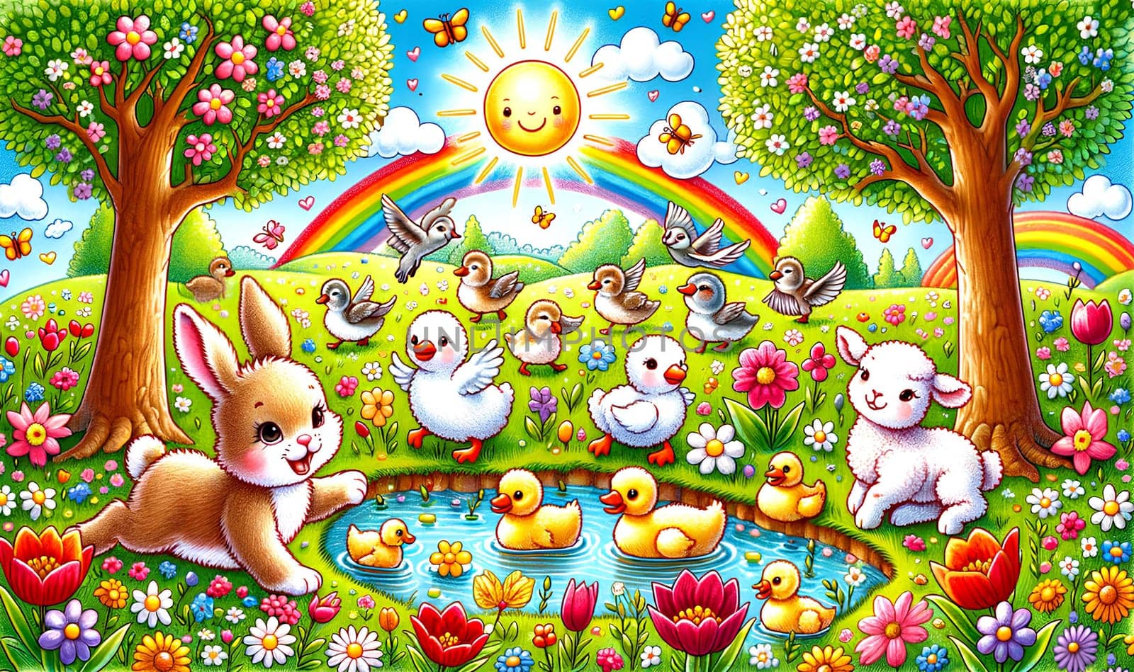 children's spring drawing. Ducklings are swimming in the pond, a lamb and other birds are grazing in the meadow, trees are blooming, butterflies are flying, the sun is shining.