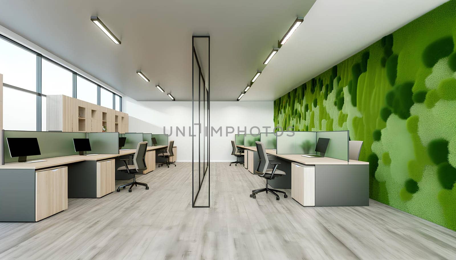 Decorative preserved forest moss on the wall in office interior, environmental design concept. by Annado