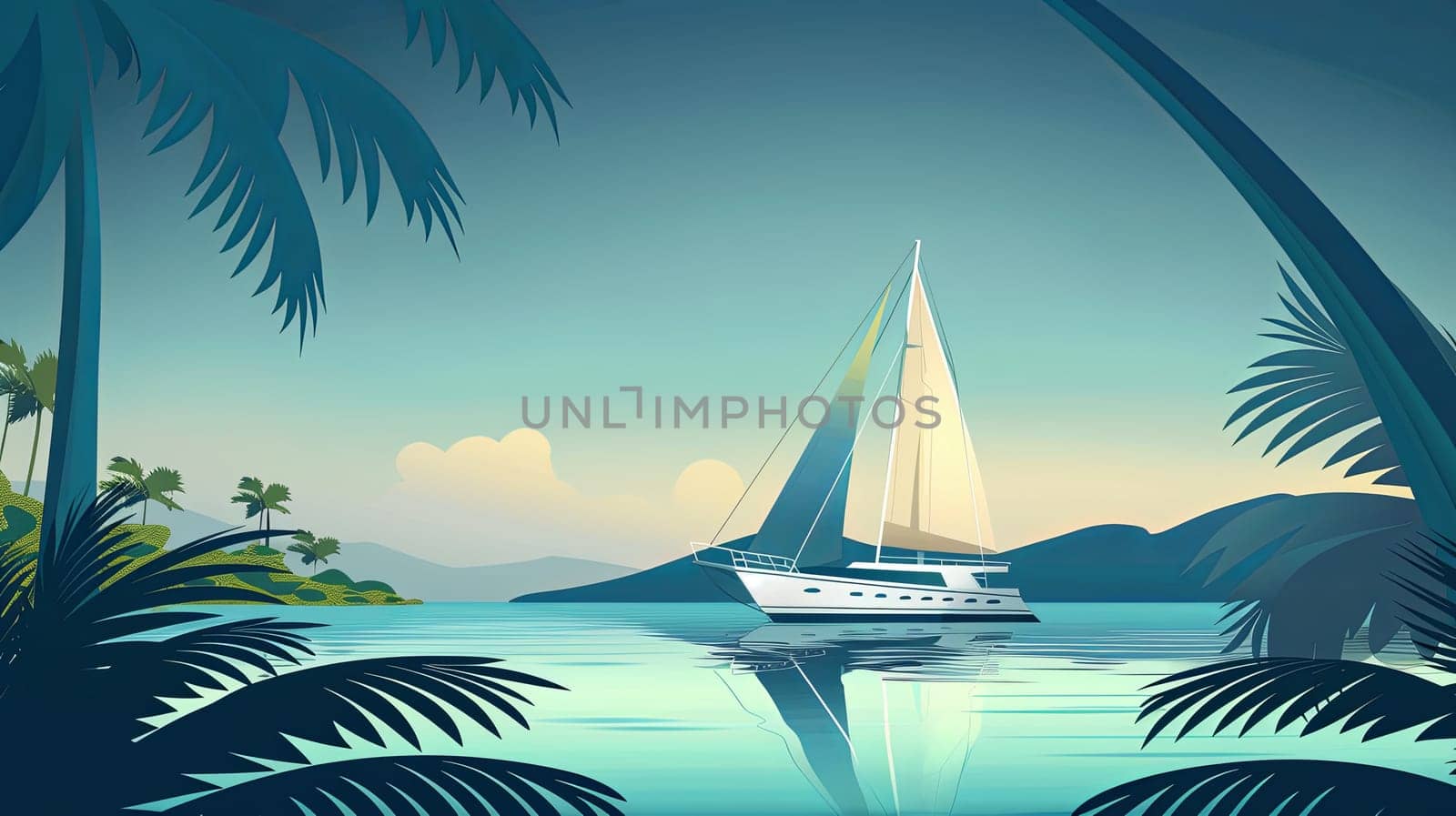 A majestic sailboat glides gracefully through calm waters, framed by lush palm trees lining the tranquil lagoon.