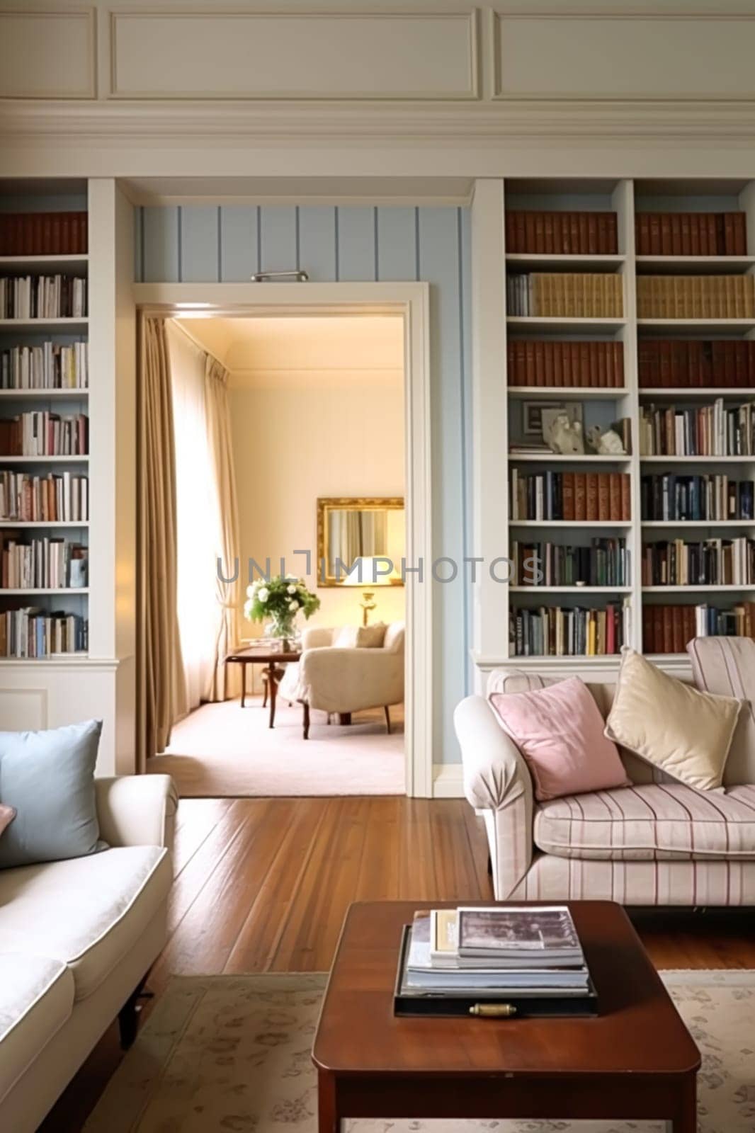 Home library decor, sitting room and interior design, white living room with sofa, bookcase and bookshelves in English country house and elegant cottage style, post-processed, generative ai