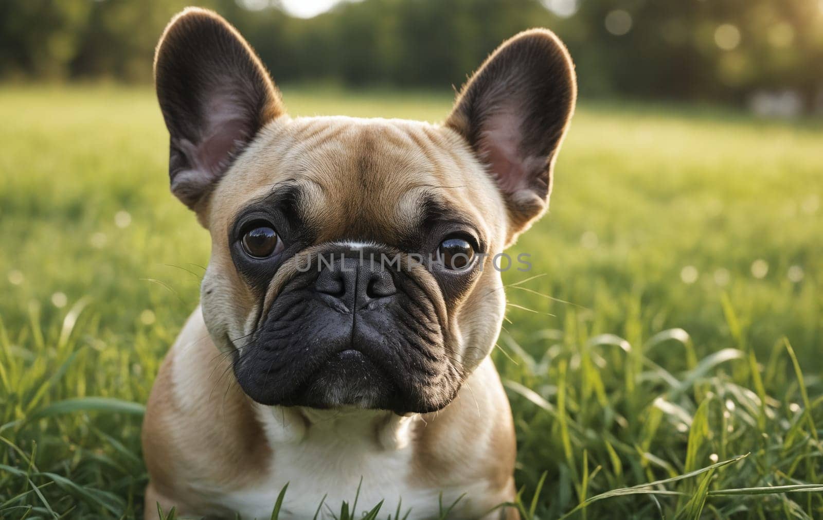 Fawn toy dog with whiskers and wrinkles laying in grass, staring at camera by Andre1ns