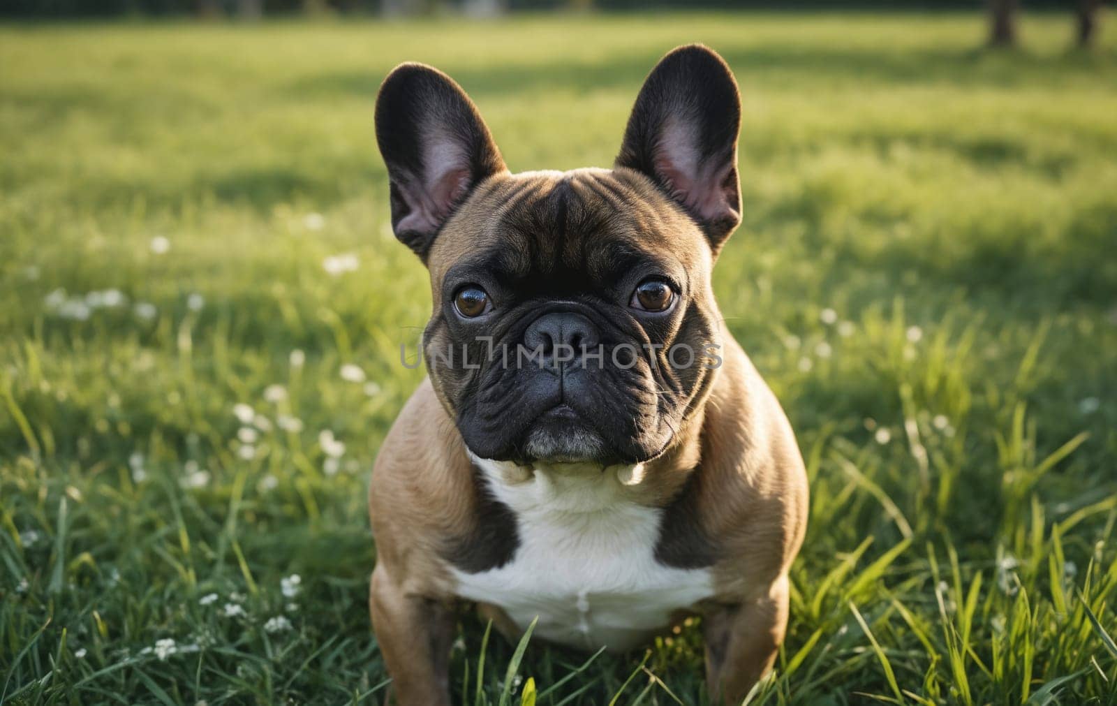 A Fawn French Bulldog, a small domestic dog breed and companion dog, is lying in the grass with whiskers twitching and ears perked, looking directly at the camera with its adorable snout