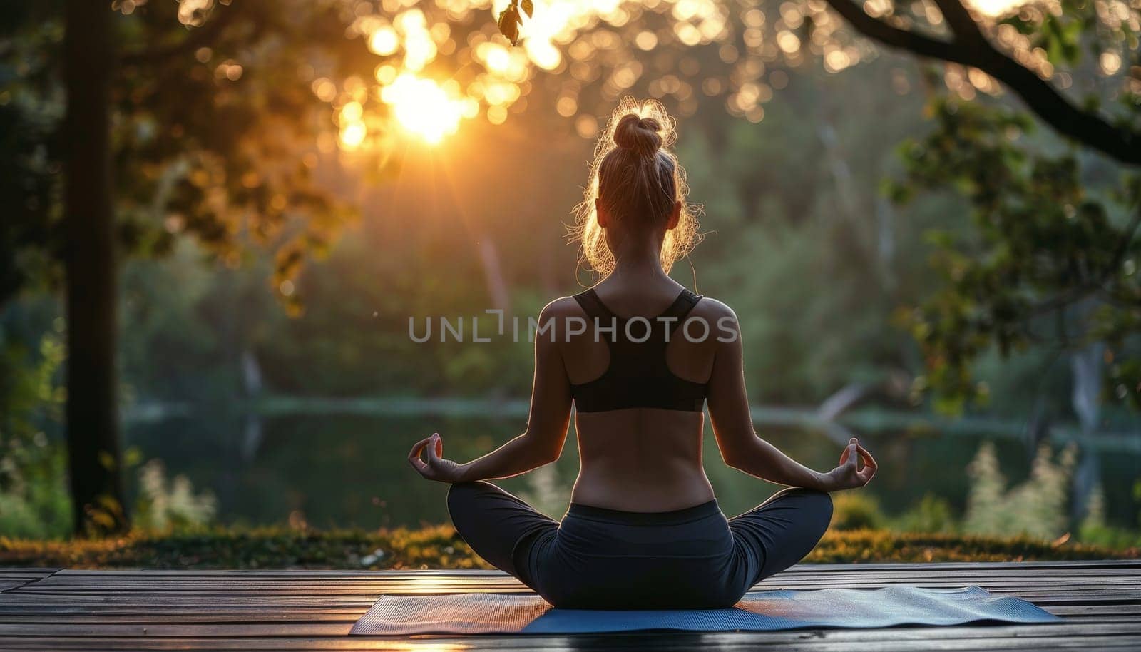 A woman is sitting on a yoga mat in a park, looking at the sun by AI generated image.