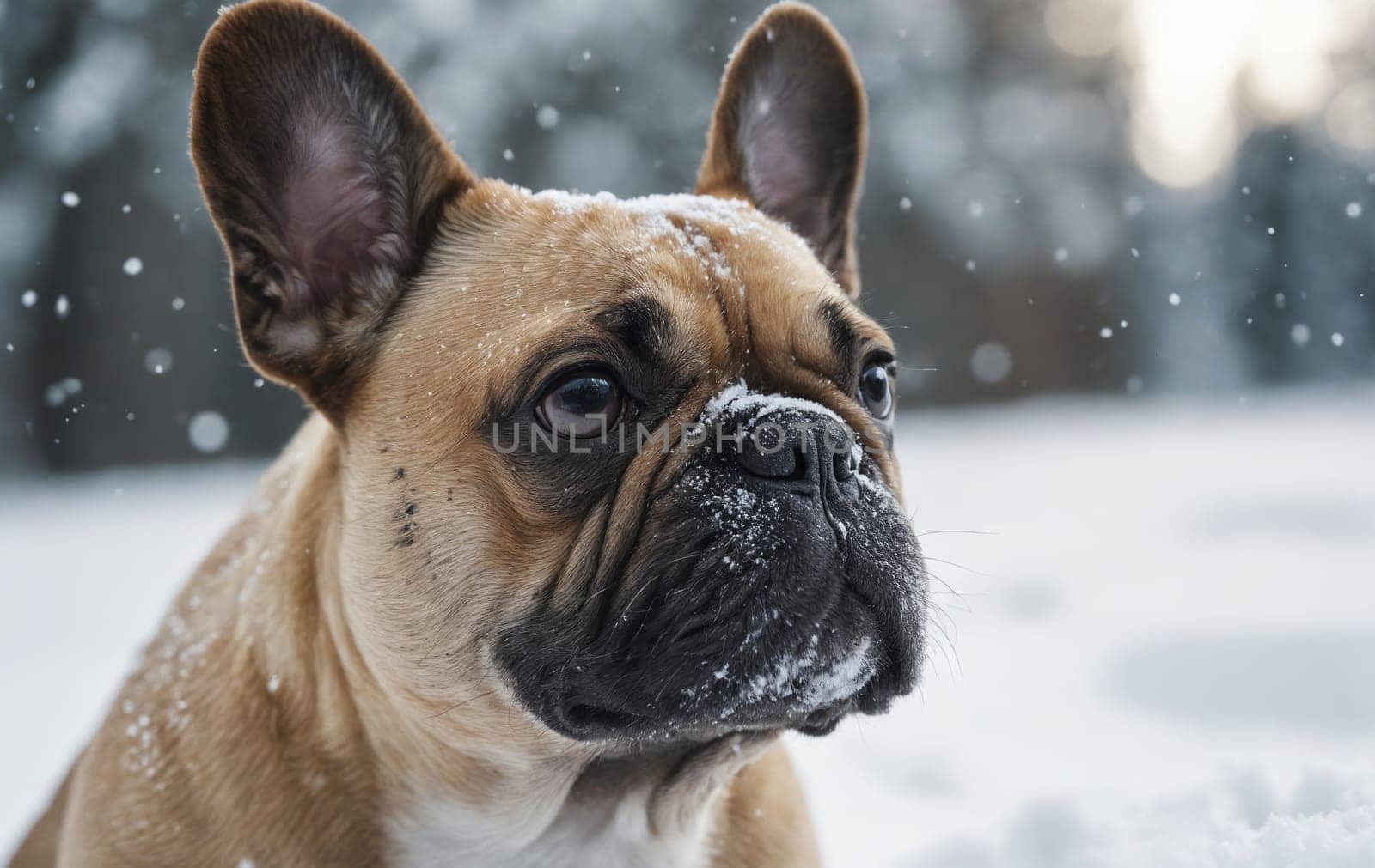 The Fawn French Bulldog, a carnivorous dog breed, is peacefully laying in the snow with its wrinkled face and whiskers, gazing directly at the camera