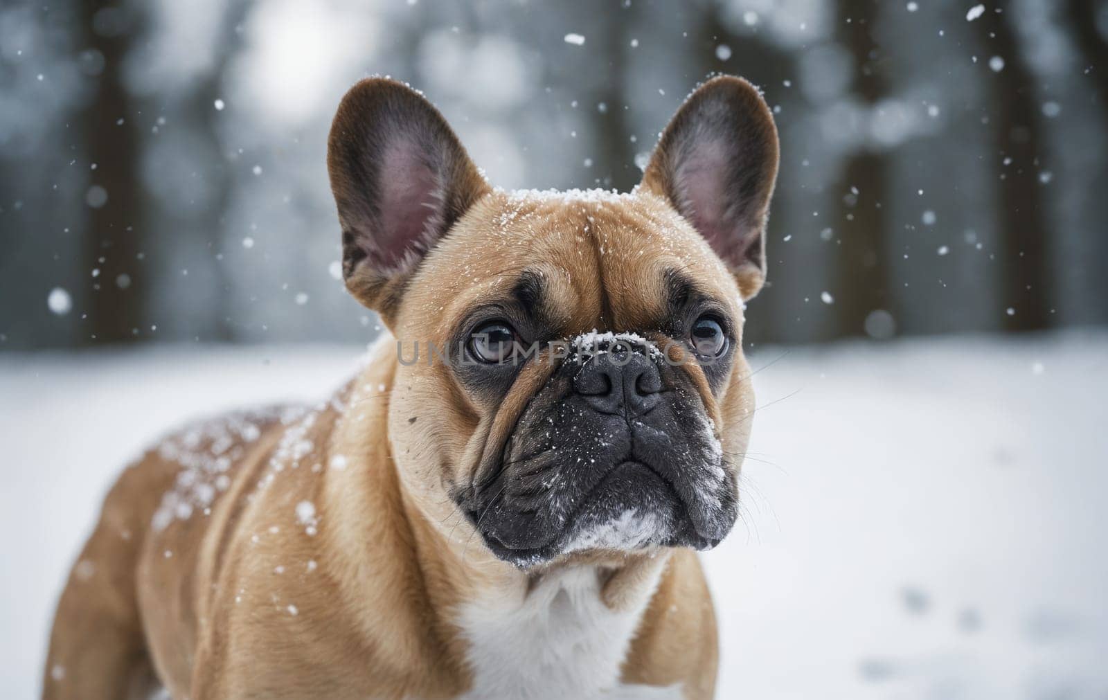 Fawn Bulldog laying in snow, staring at camera with wrinkled snout and whiskers by Andre1ns