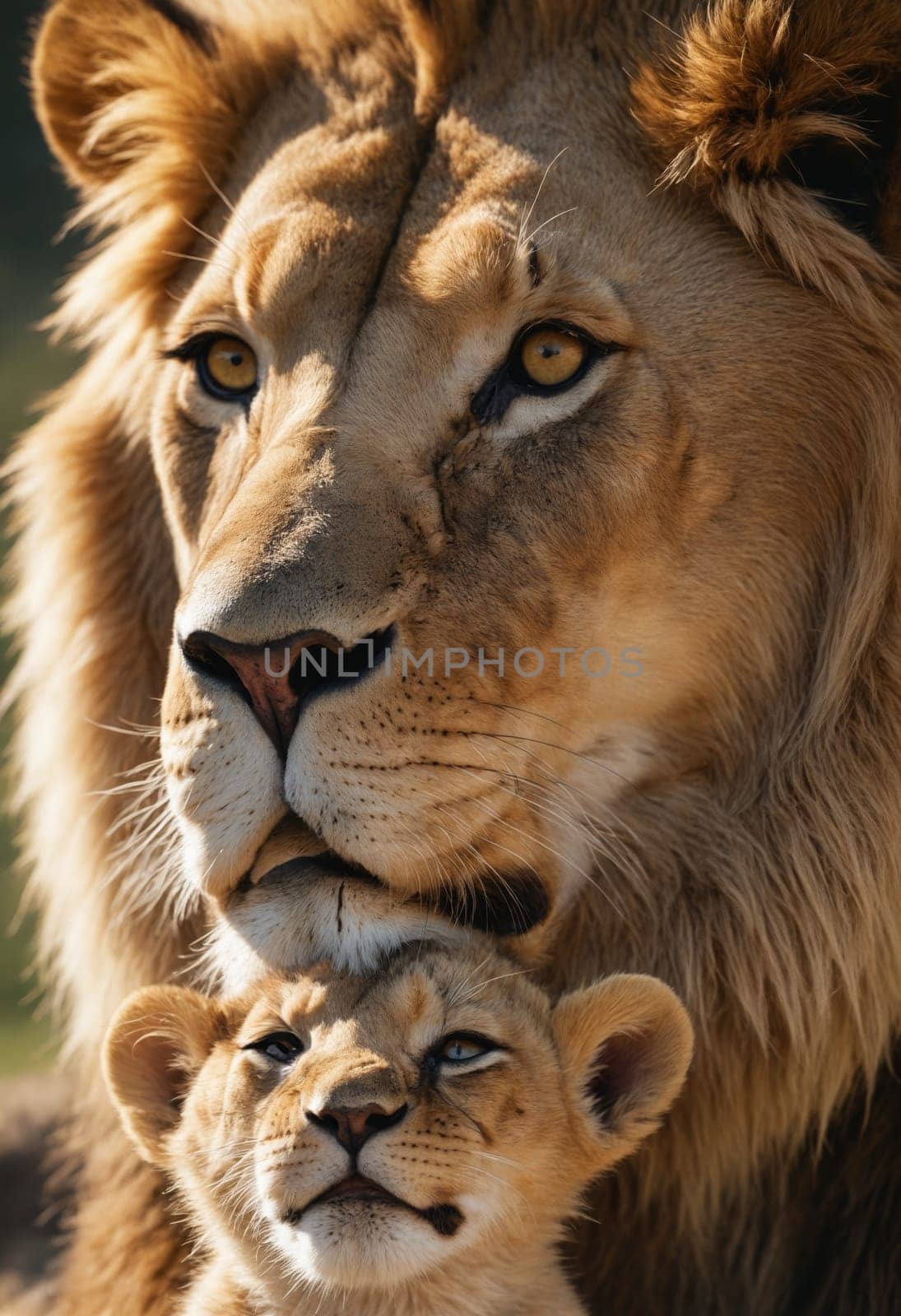 A photograph capturing a white lion and its cub lying on top of each other in nature. This felidae organism, a carnivorous mammal, showcases their whiskers and beauty in a terrestrial animal temple