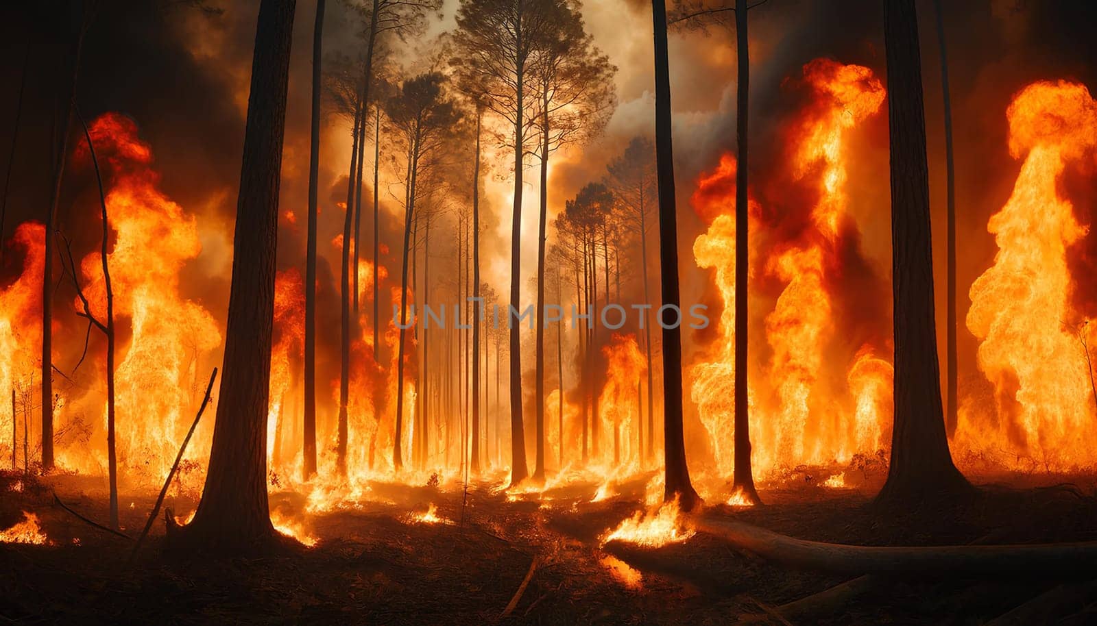 A strong forest fire, the entire forest is engulfed in flames