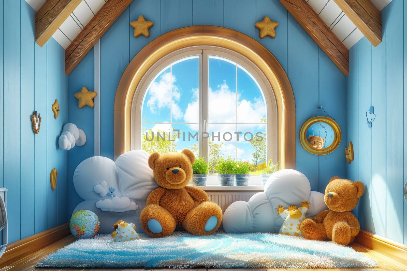 A room with a blue ceiling and a window. Three teddy bears are sitting on the floor in front of the window