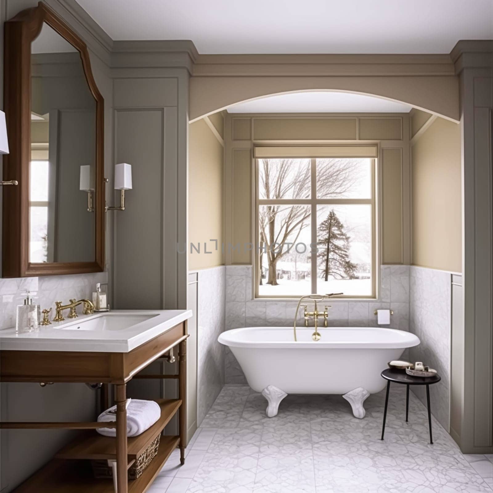 Country bathroom decor, interior design and home improvement, bathtub and bathroom furniture, country cottage style in winter, post-processed, generative ai