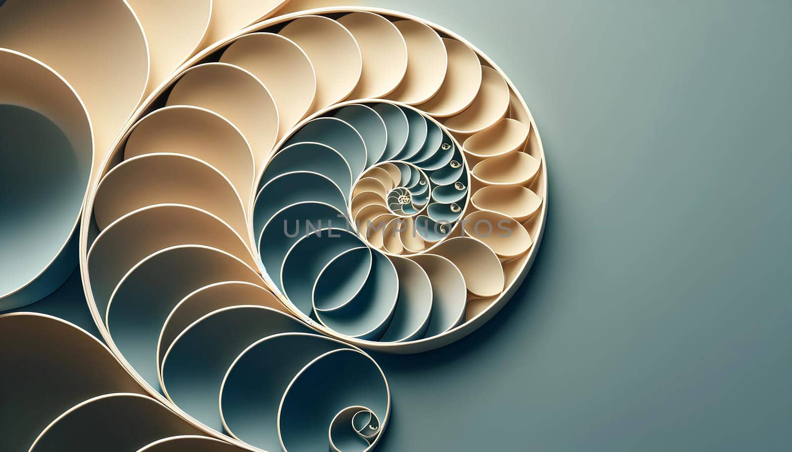 Close-up of a Fibonacci spiral figure with plenty of copy space on a light blue background.