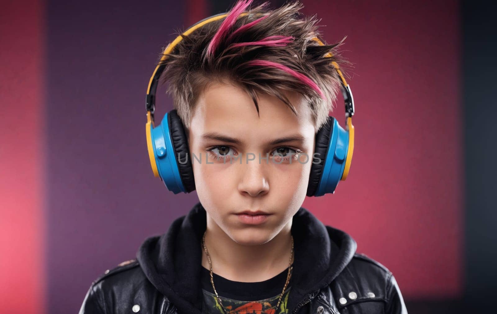 A youth in a leather jacket and earphones is engrossed in music, with an audio gadget on his jaw. The peripheral device enhances the music artists work