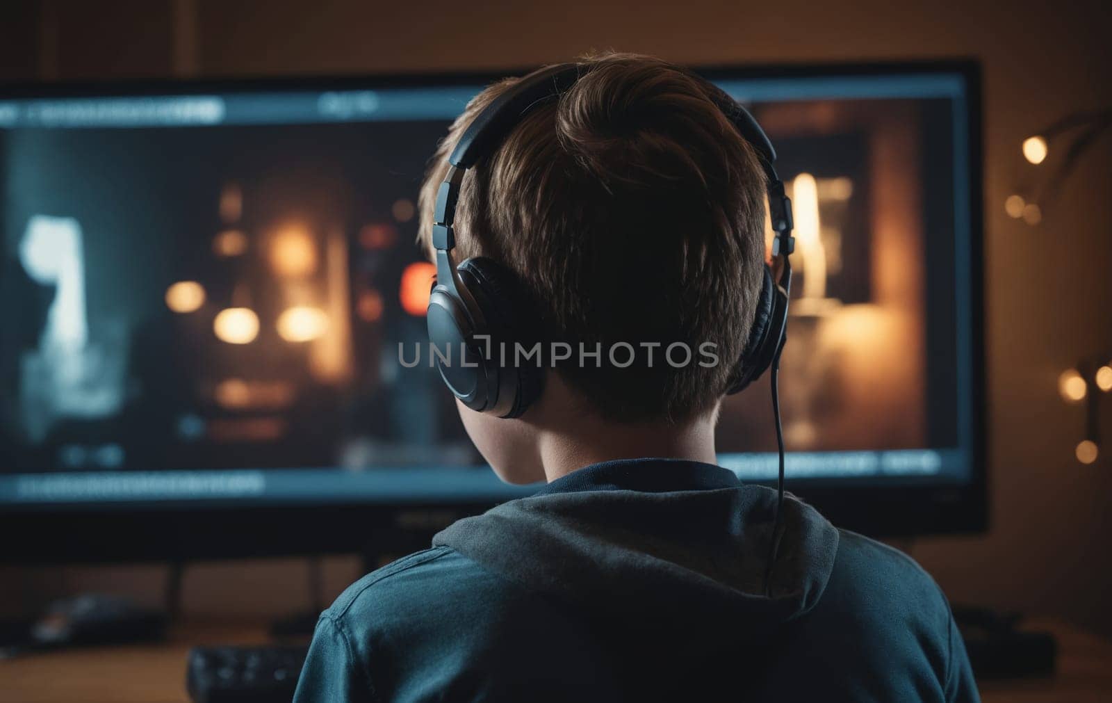back view of boy in headphones playing video games on computer at home.