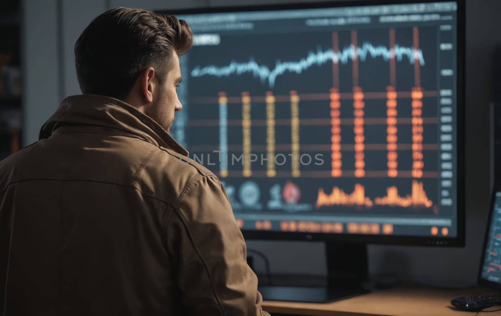 Side view of a young man in a jacket looking at the monitor with stock market data
