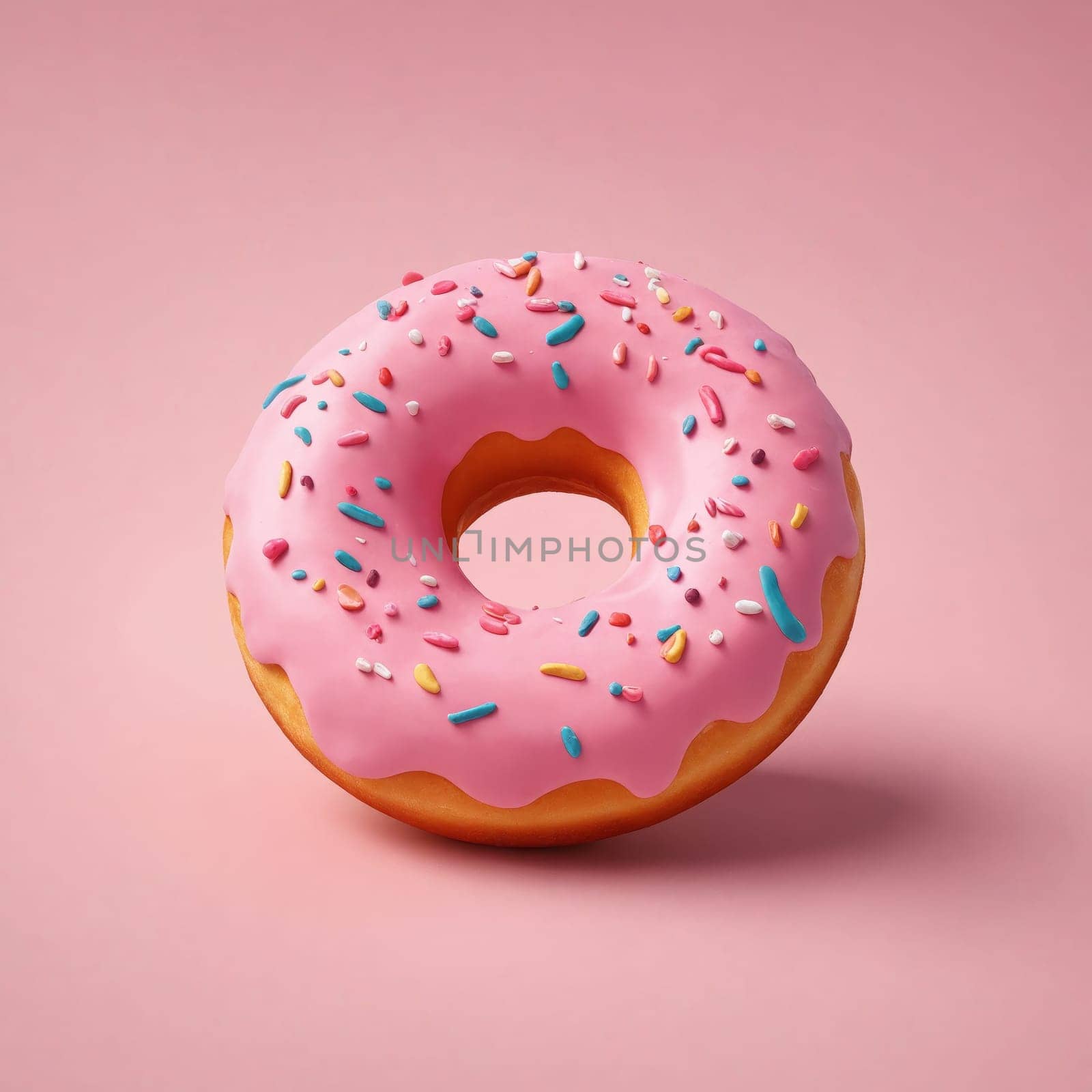 A delectable pink doughnut with pink frosting and sprinkles on a matching pink background. This finger food dessert is a delightful treat for any occasion