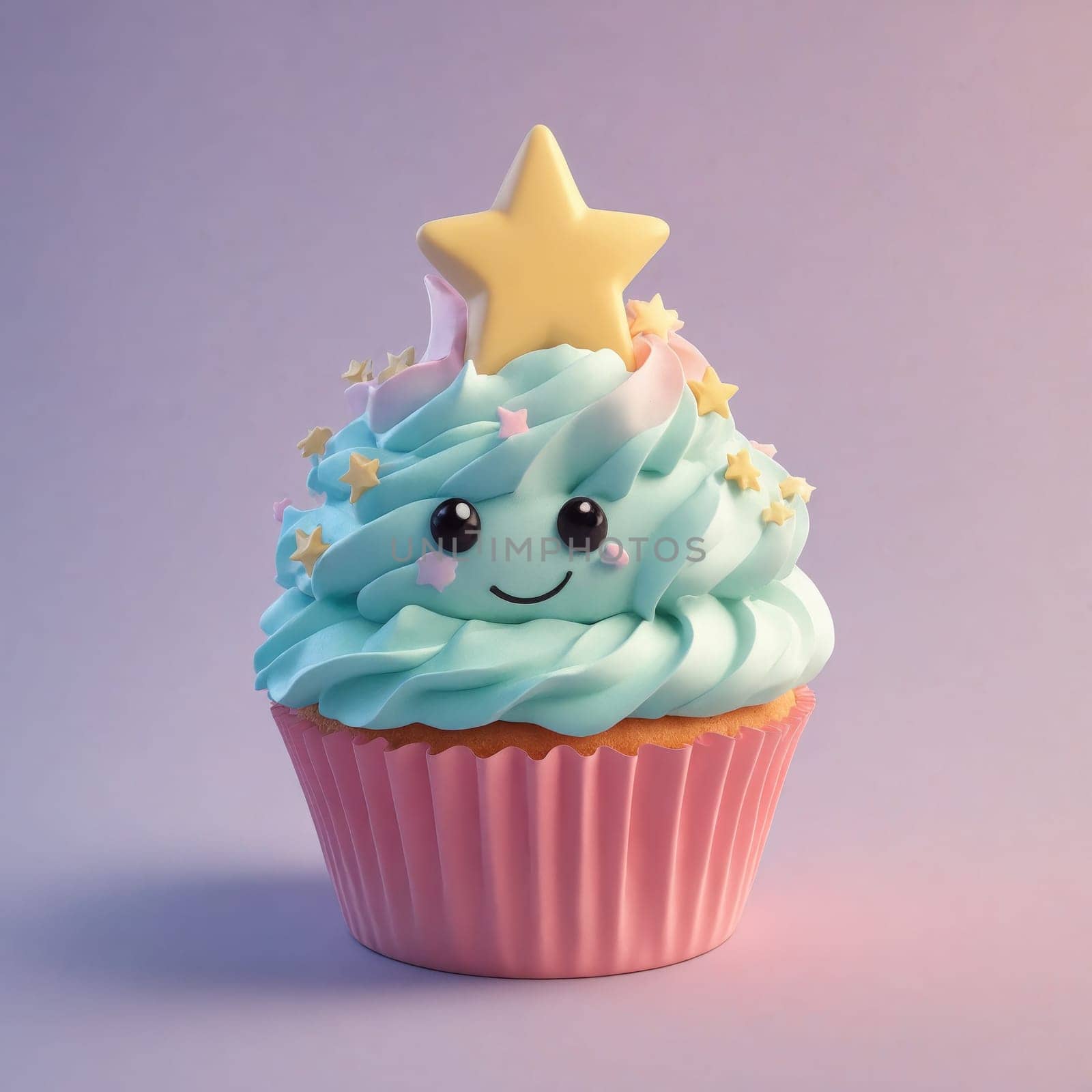 A cute cartoon cupcake smiles with a swirl of blue and pink icing, crowned with a charming heart.