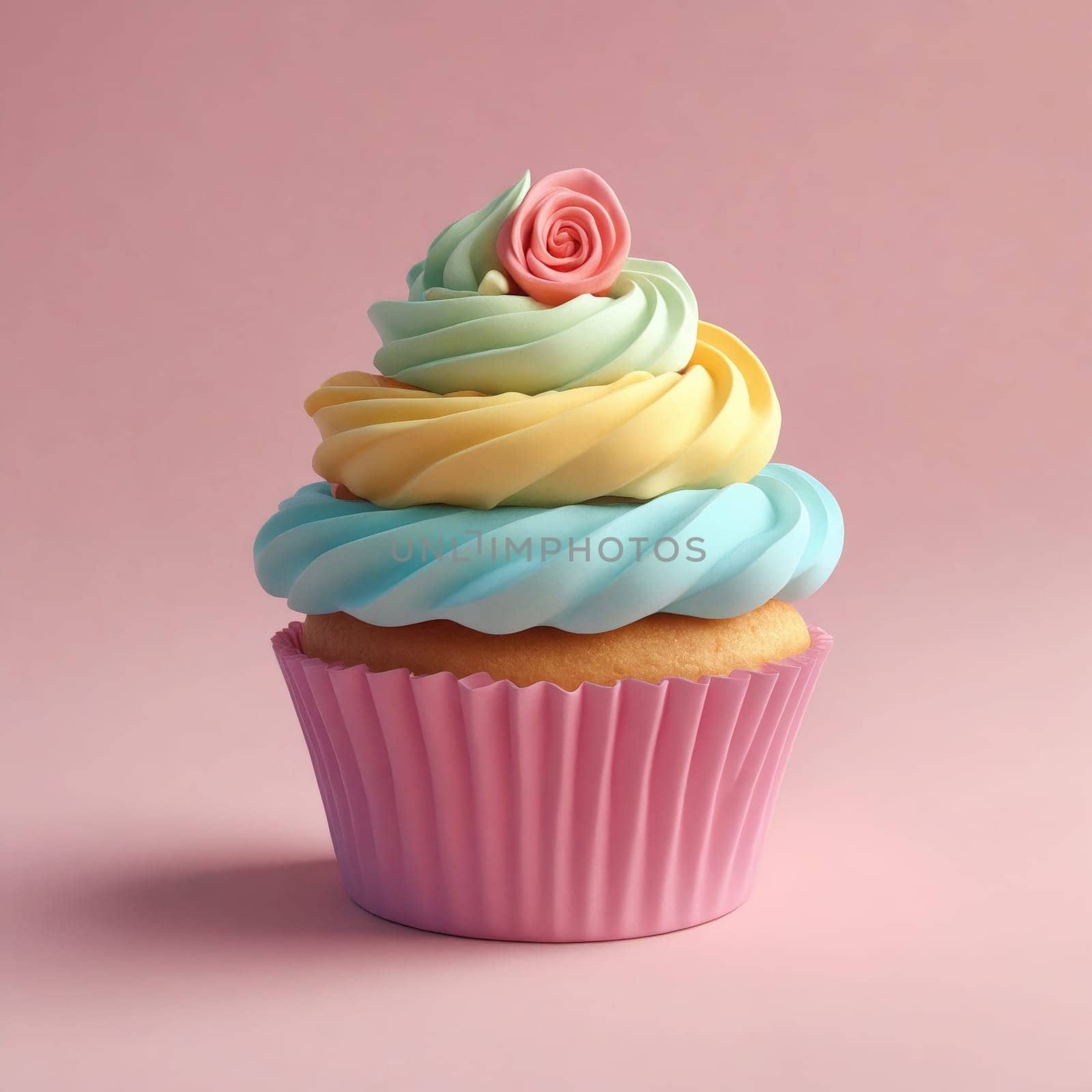 A baked goods featuring a cupcake with pink and blue frosting on a pink background. Ingredients include cream, baking cups, and cake decorating supplies