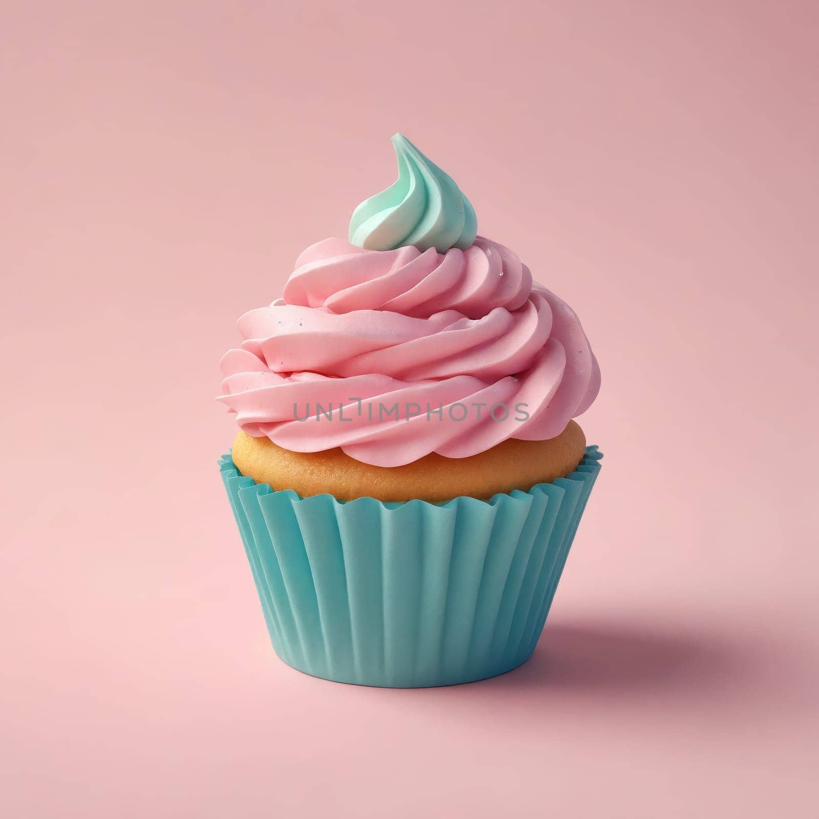 A sweet cupcake with pink and blue frosting, sprinkles, on a pink background by Andre1ns