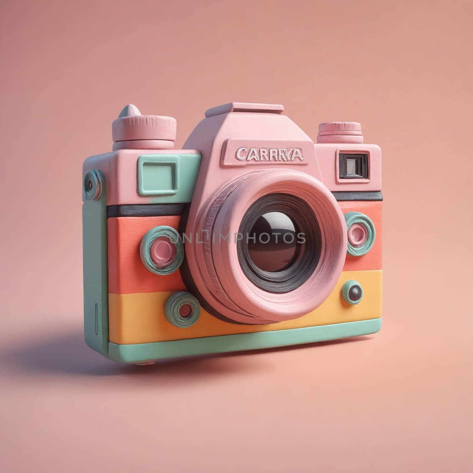 A digital camera with a pink and green design, featuring a purple lens, set against a pink background. This camera accessory is compact and perfect for pointandshoot photography