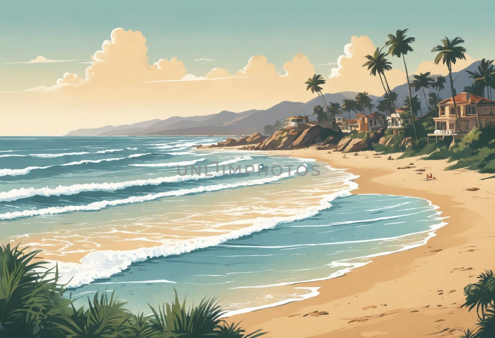 A serene beach scene, complete with palm trees and relaxed beachgoers under a calm sky, embraced by gentle hills.