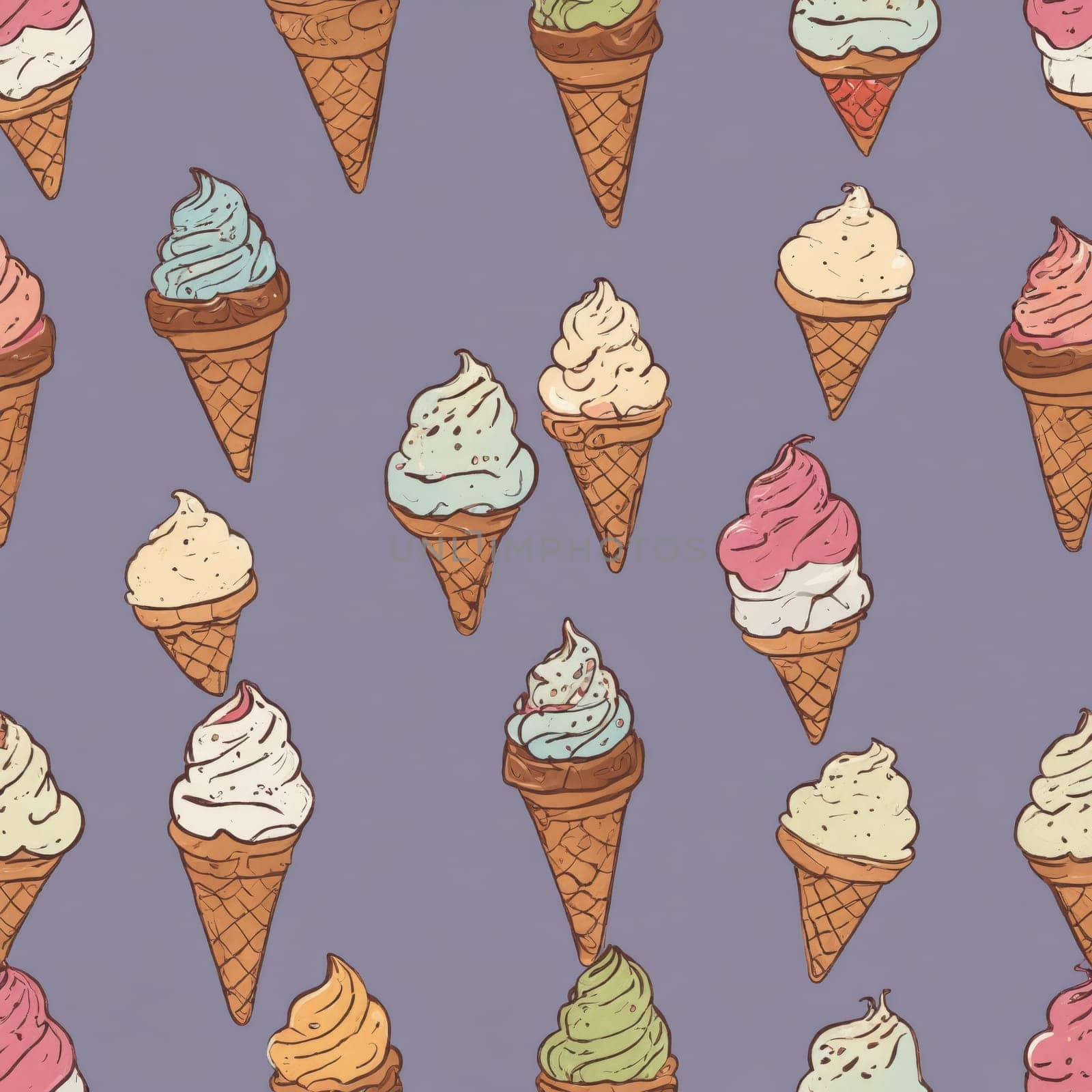Hand-drawn and full of whimsy, various cartoon ice cream cones offer a sweet escape on a pastel purple background.