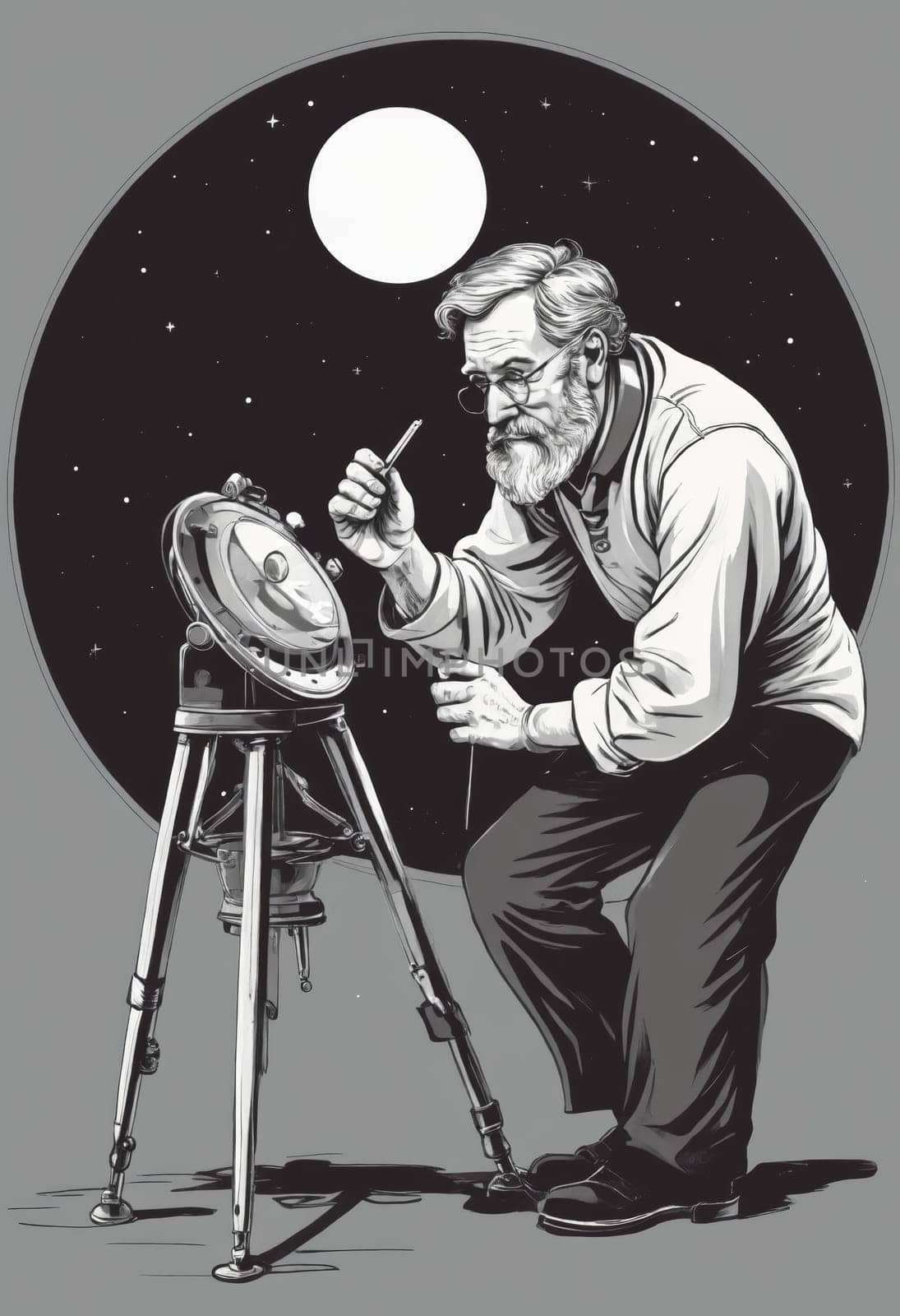 Under a celestial canopy, a stargazer in formal wear meticulously adjusts an old-fashioned telescope, linking past and present explorations.