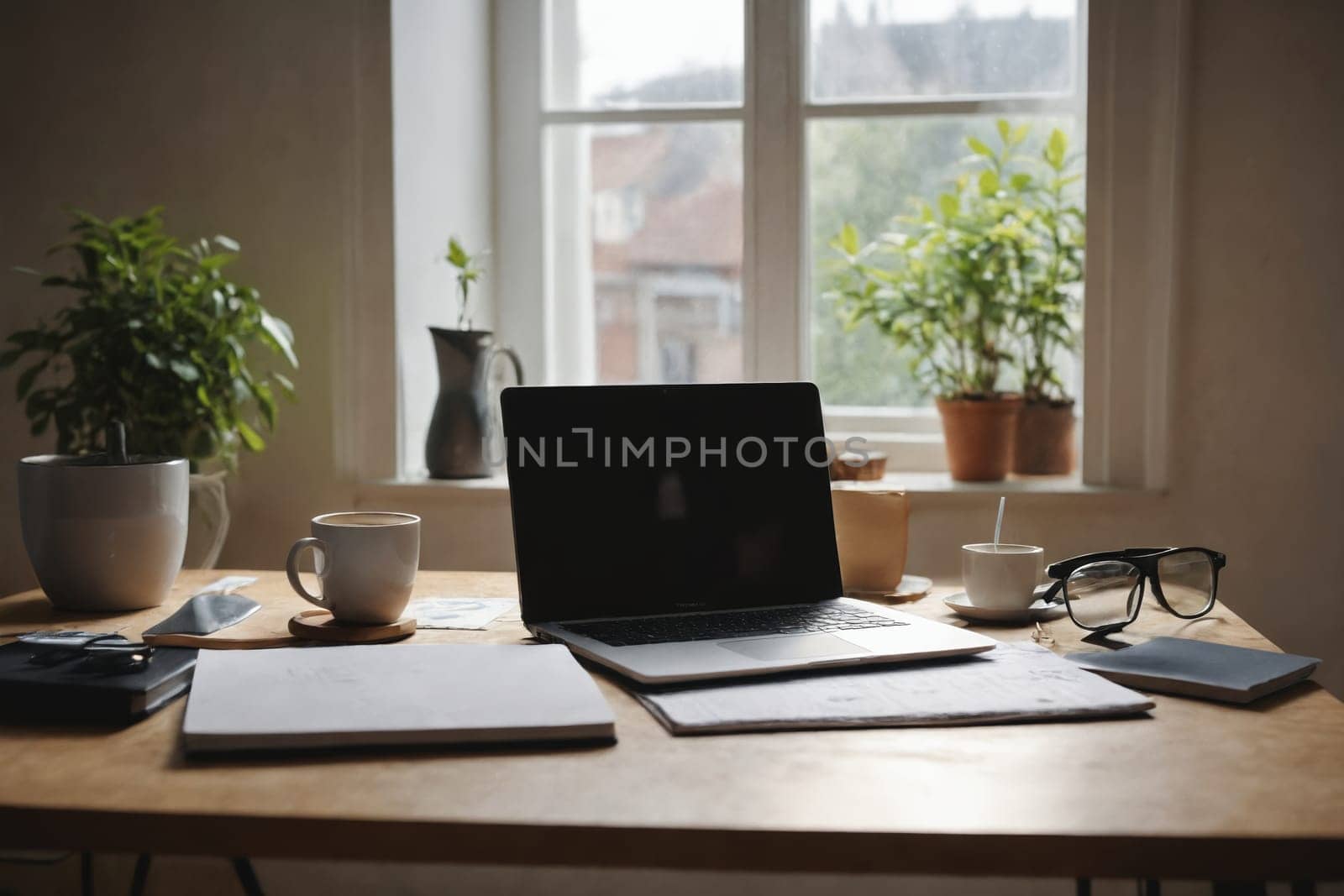 A Creative Space: Laptop, Notebook and Coffee on a Wooden Desk by Andre1ns