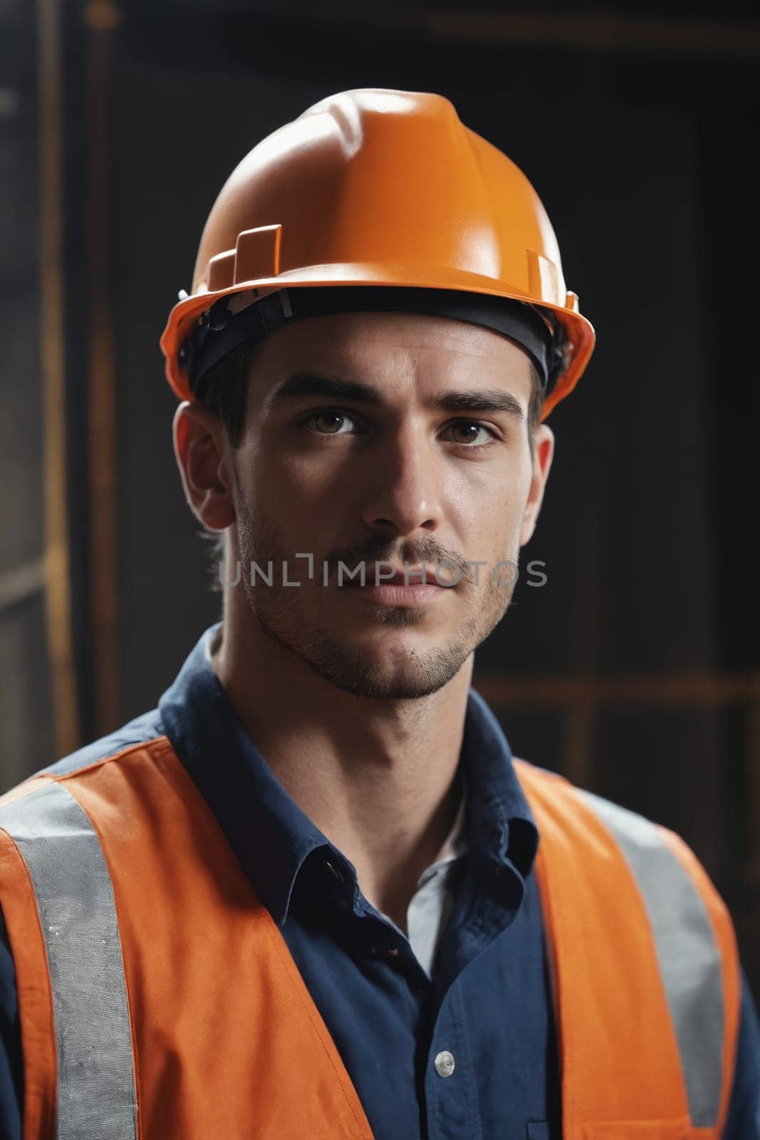 Safety shines bright in this image of a worker dressed in a high-visibility orange and blue coverall with protective eyewear and a hard hat on an industrial site.