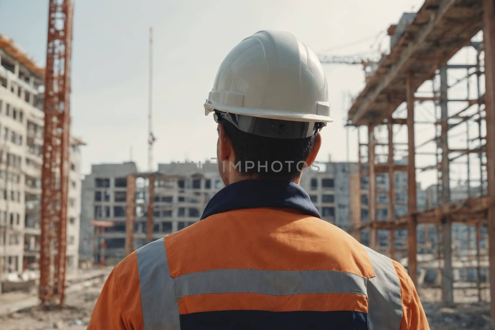 A peek into industrial life through the portrait of a construction worker donned in a visible yellow hard hat, captured amidst the billows of construction, standing as a testament to enduring workmanship.