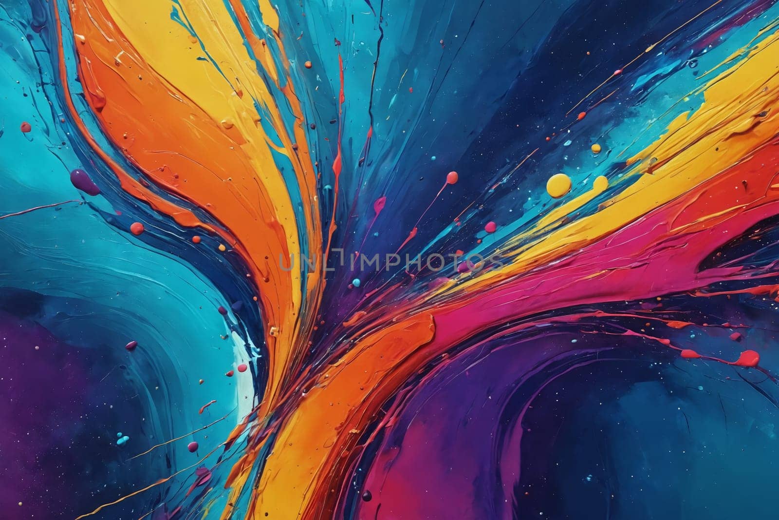 Experience an extreme close-up of a riotous splatter painting, flooding with energetic color splashes. Perfect for art lessons, abstract art discussions, or creative exploration blogs.