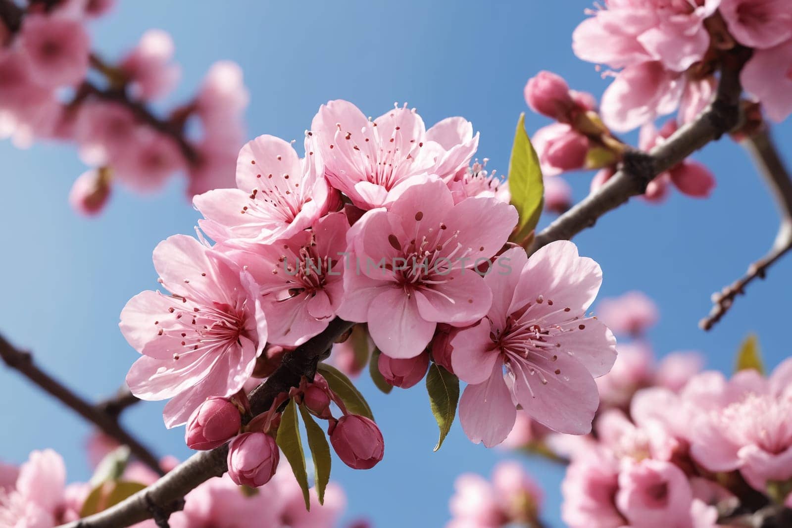 The bloom of cherry blossoms, a vivid symbol of life s fleeting beauty, set against a serene blue backdrop.