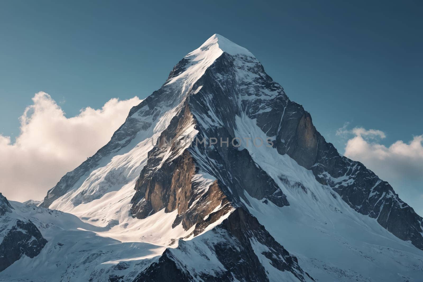 A breathtaking view of a majestic mountain peak, its slopes kissed by the sun, against a serene cloud-dotted sky.