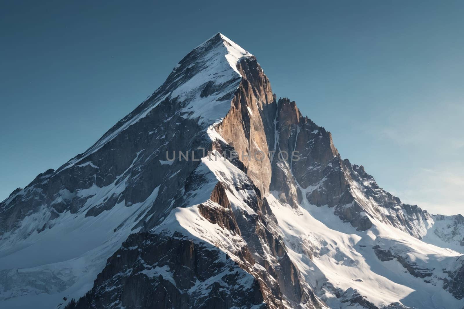 The beauty of contrast captured in the rugged rocks and delicate snow of a towering mountain amidst the tranquil blue sky.