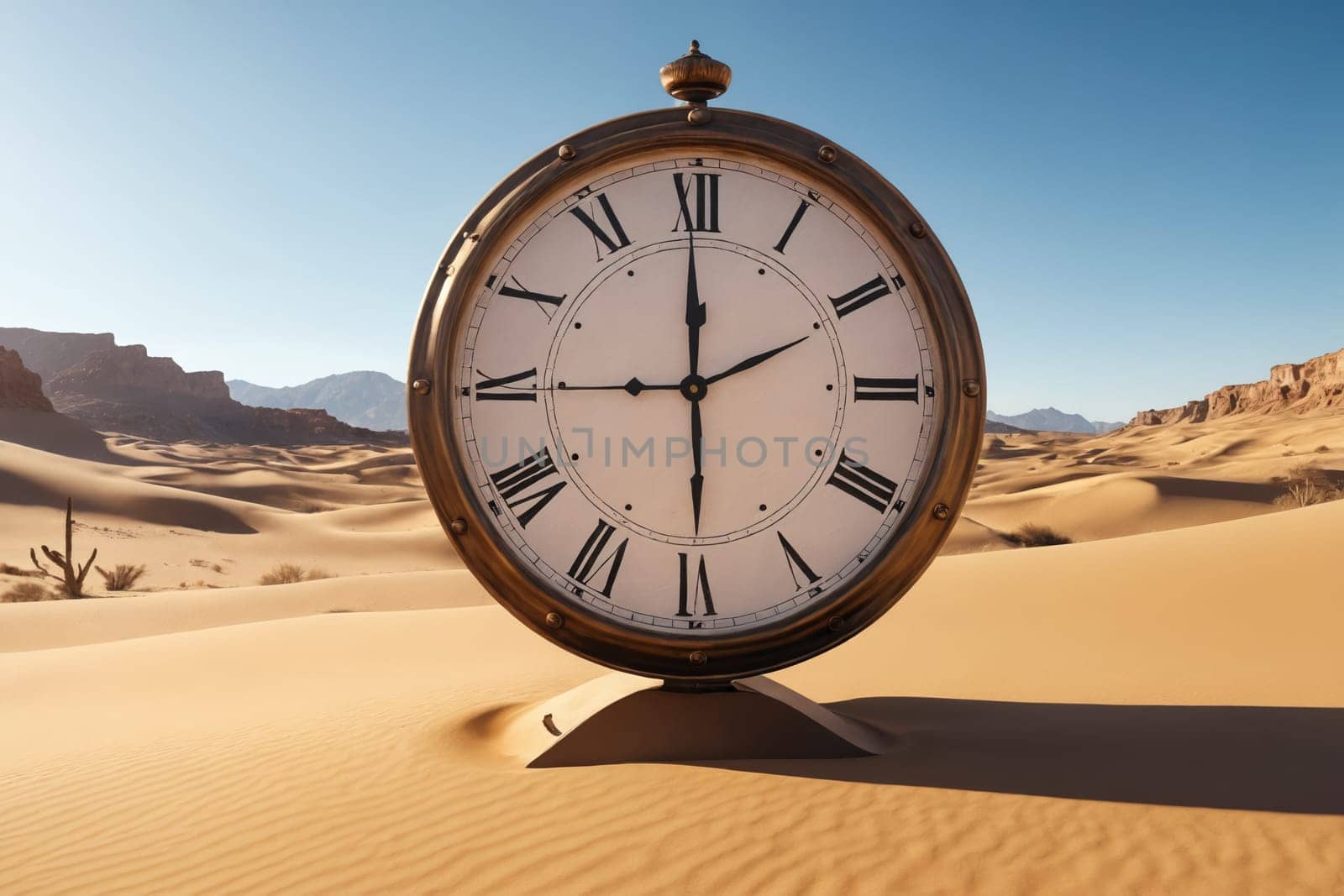 A photo art piece where the stark desert landscape merges with the transcendental clock face.