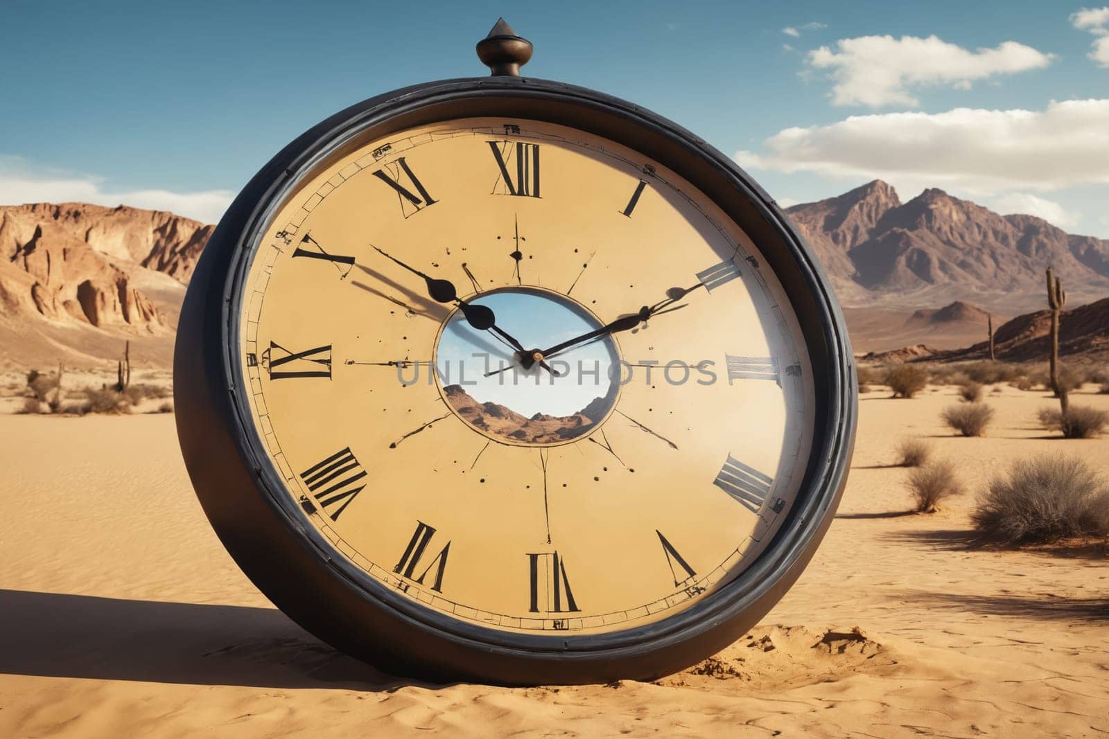 This image juxtaposes the timeless desert with the tangible countdown of clock numbers.