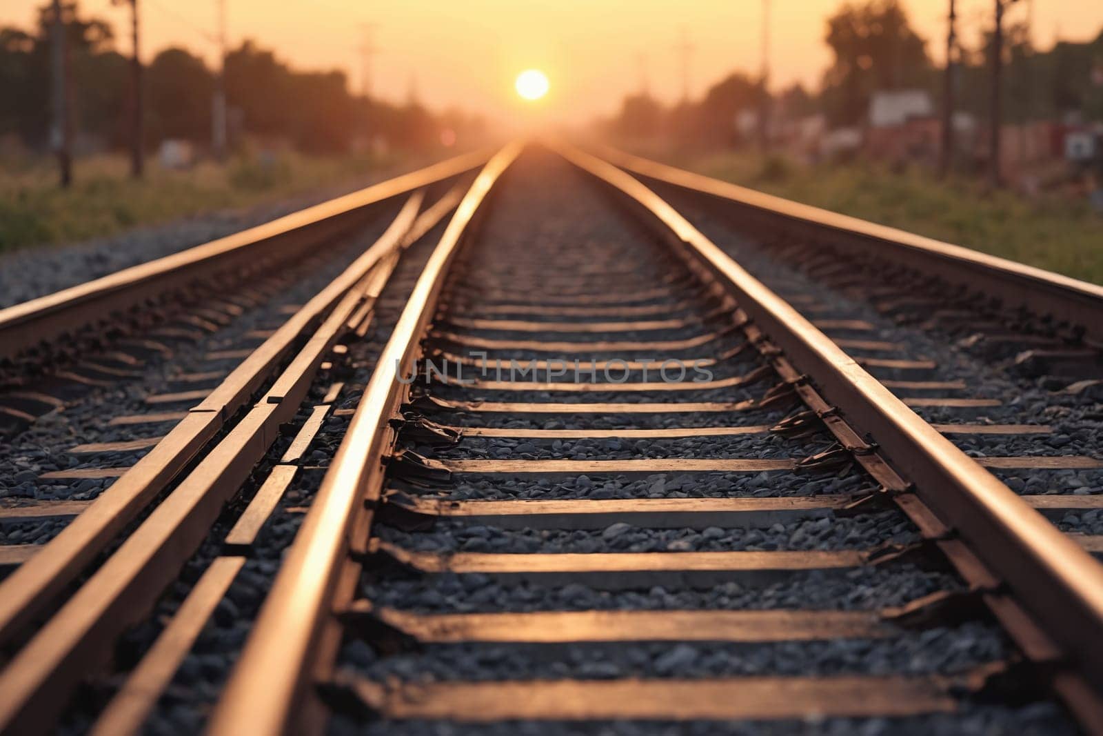 Train tracks lead into a vivid sunset, casting a serene backdrop for travelers.