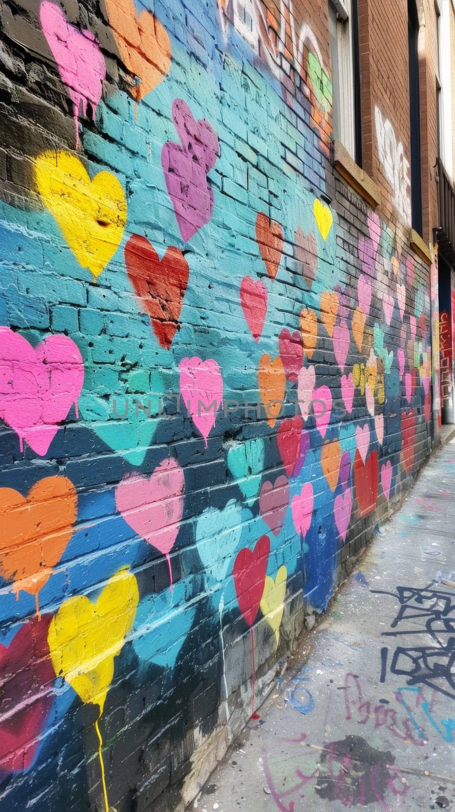 Multi-colored spray painted hearts covering a wall in an alley.