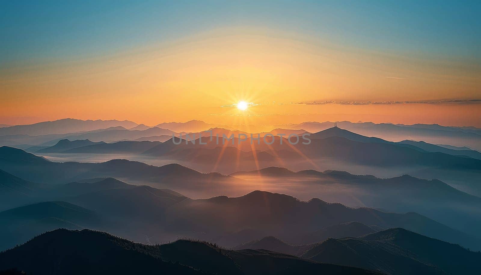 The sun is shining brightly on the mountains, creating a beautiful by AI generated image by wichayada