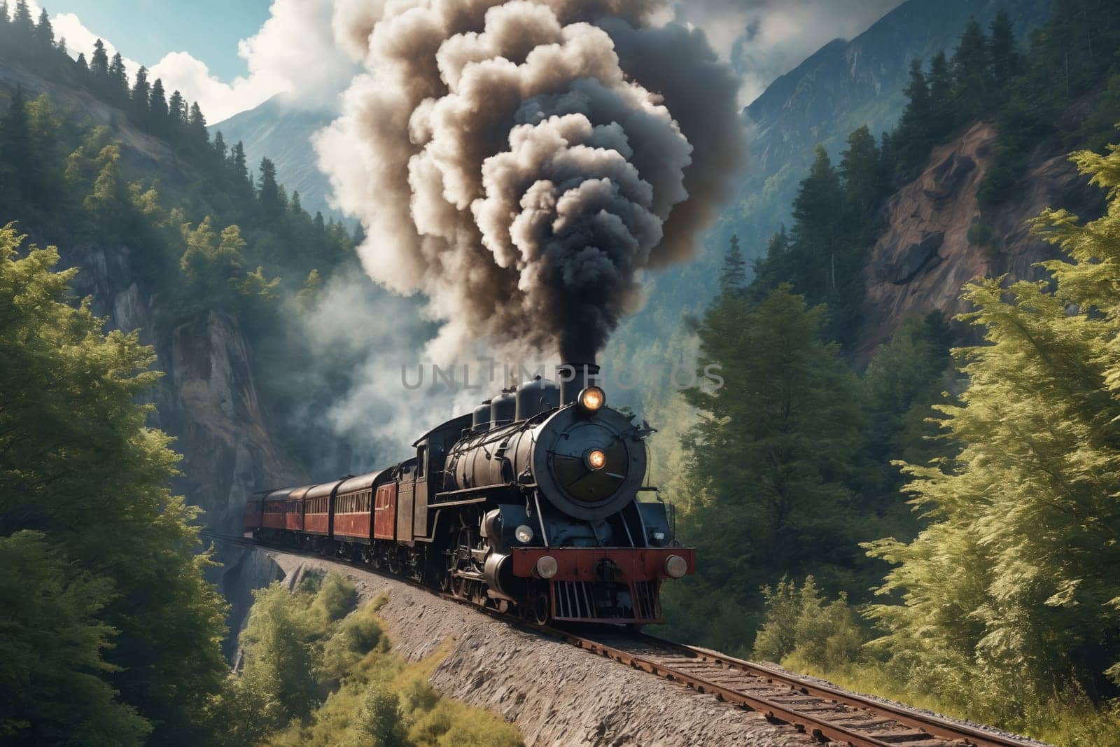 Journey through nature, a classic train steams past verdant flora with an elegant steam plume.