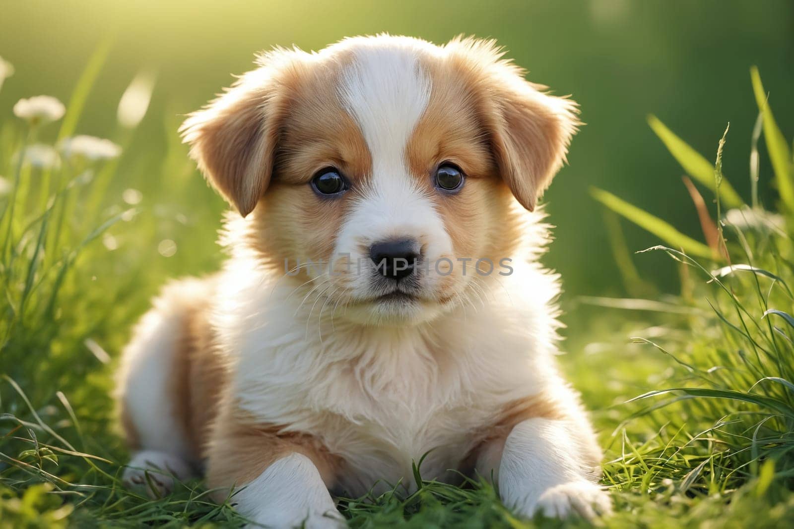 A fluffy puppy basks in the warm glow of the sun amid verdant meadow grass.