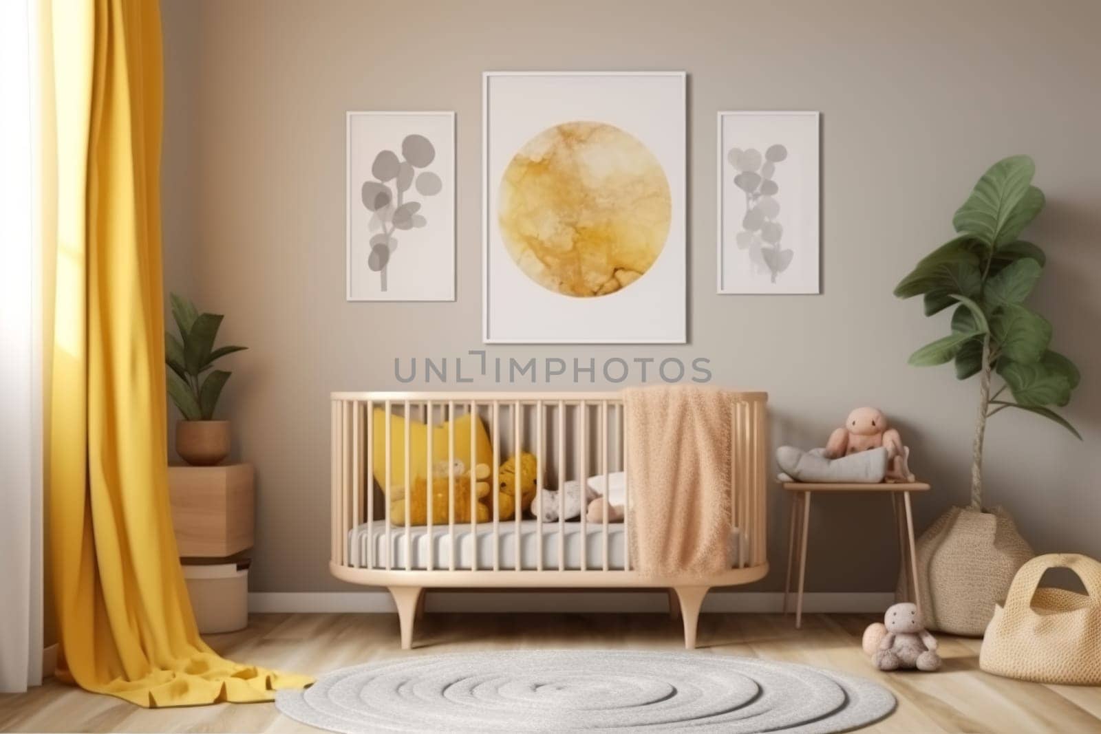 A charming nursery room with pastel tones, featuring a crib, soft toys, and a captivating moon poster, creating a soothing ambiance for a baby's restful sleep