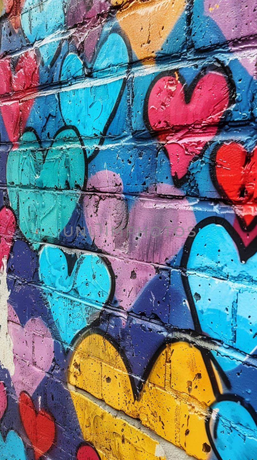Colorful wall with many hearts painted on it by papatonic
